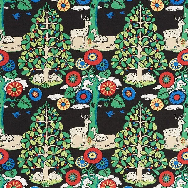 Sample - Schumacher Fantasy Forest Fabric in Black & Multi For Sale