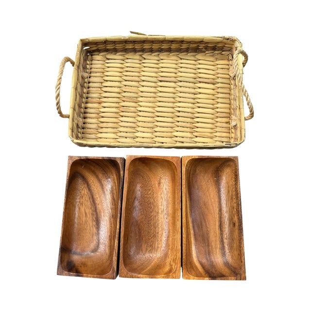 Mid 20th Century Vintage Mid-Century Teak & Woven Basket Serving Tray | 3-Section Divided Tray For Sale - Image 5 of 6