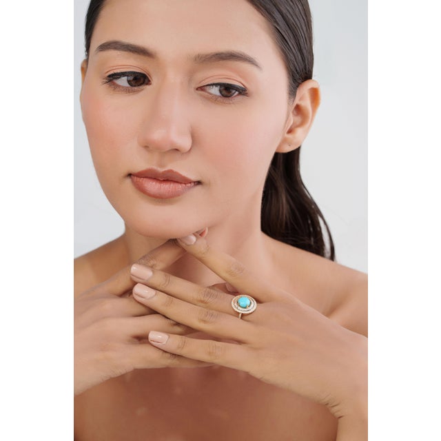 Art Deco Revival 1.52ct Round Turquoise & Diamond Halo Ring Size 4 in 14k Yellow Gold For Sale - Image 11 of 17