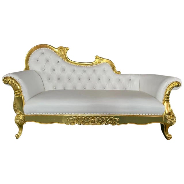 Rococo ✨ Luxury French Rococo Gold & Pearl White Tufted Chaise Lounge ✨ For Sale - Image 3 of 3
