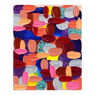 Playful Textured Abstract Painting "Peach and Blue" Original Artwork by Shiri Phillips For Sale