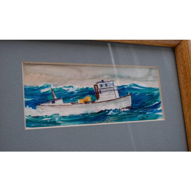 Brown Pair of Nautical Watercolor Paintings Fishing Boats Fishermen Signed George D Post For Sale - Image 8 of 16