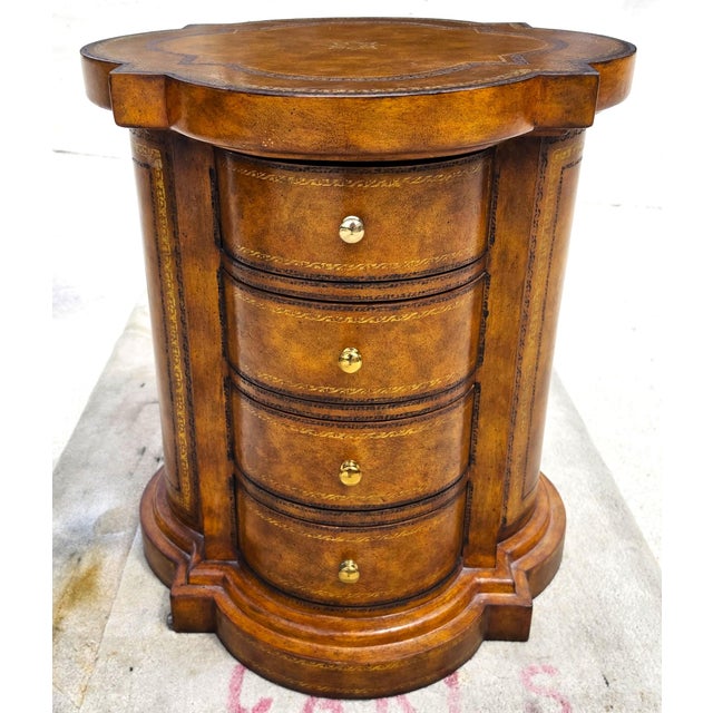 1980s Maitland Smith English Regency Tooled Leather Quatrefoil Drum Chest Side Table For Sale - Image 5 of 14
