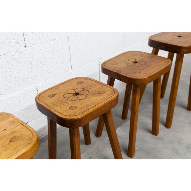 Wood Brutalist Handcrafted Floral Stools, 1960s, Set of 4 For Sale - Image 7 of 18