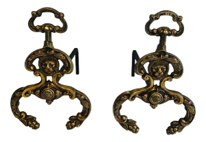 Neoclassical Style Bronze & Wrought Iron Andirons with Lions Faces. F - A Pair