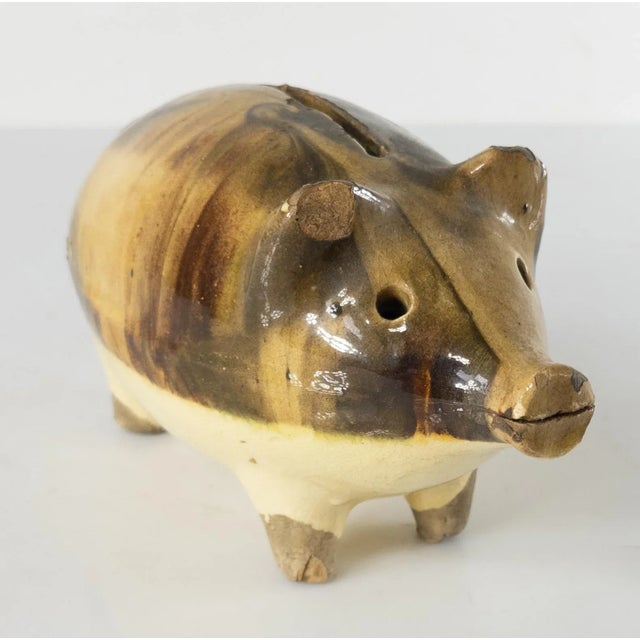 Shabby Chic Early 20th Century Rustic Pottery Pig Form Piggy Bank For Sale - Image 3 of 11