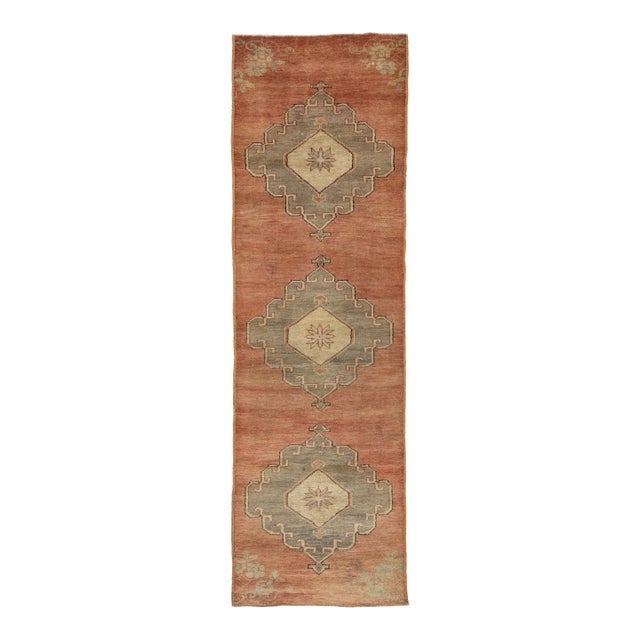Handmade Vintage Turkish Anatolian Wool Runner in Terracotta With Tribal Motif For Sale