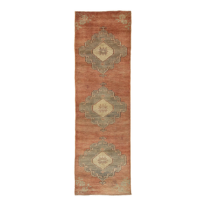 Handmade Vintage Turkish Anatolian Wool Runner in Terracotta With Tribal Motif