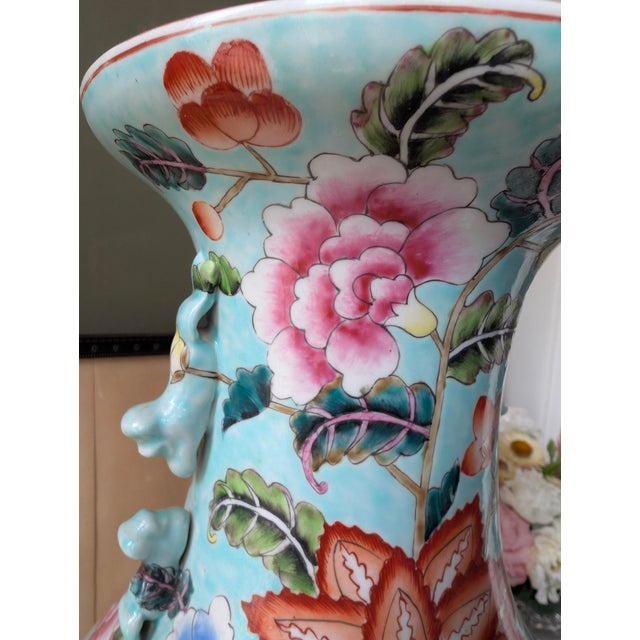 Chinoiserie Large Hand-Painted Turquoise Porcelain Floor Vase, 23.5” For Sale - Image 3 of 9