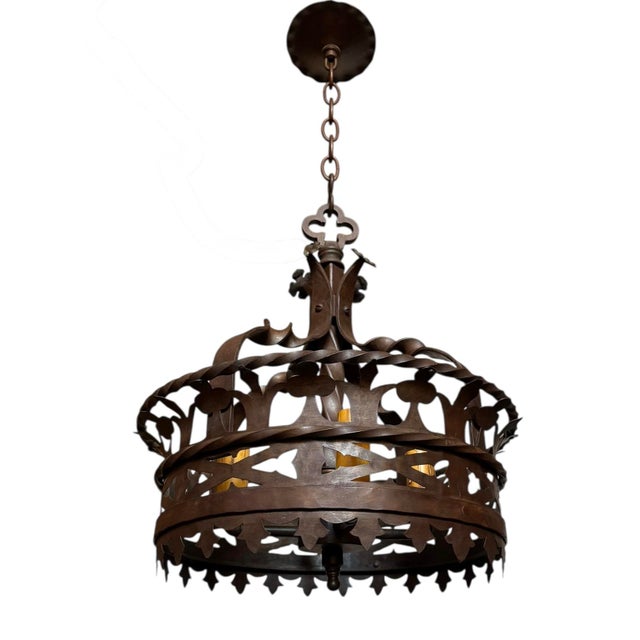 Rare Antique Cast and Forged Bronzed Iron Chandelier With Flowers For Sale - Image 4 of 7