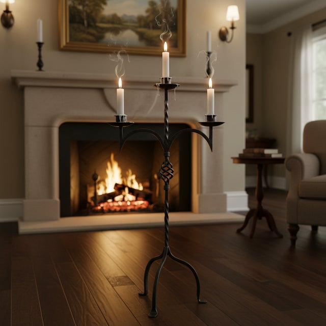 2020s Hand Forged Wrought Iron Candelabra 33″ (83cm) Antique Copper Patina 3-Arm Twist & Basket Design Candle Holder Rustic Fireplace Decor For Sale - Image 5 of 7