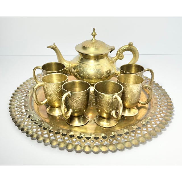 Vintage Indian-made Arabian Moroccan-style 8-Piece Solid Brass Coffee or Tea Set Good vintage condition. No major damage...