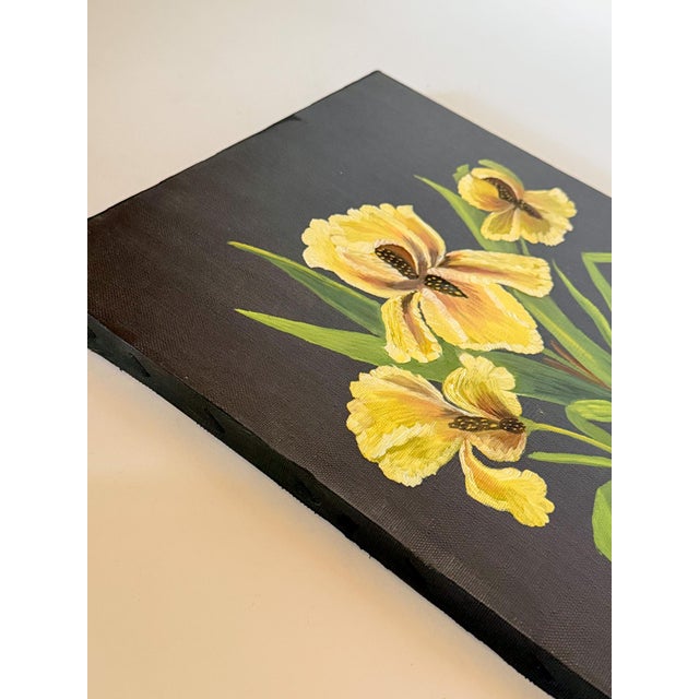 "Irises" Original Contemporary Botanical Oil Painting on Canvas With Black Background For Sale - Image 13 of 14