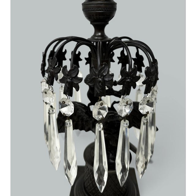 Antique Pair Regency Bronze Crystal Lustres Candlesticks Candelabra Eagles Prisms For Sale - Image 9 of 15