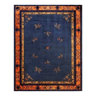 1920s Classic Greek Key Floral Deco Antique Chinese Peking Knotted Wool Rug For Sale