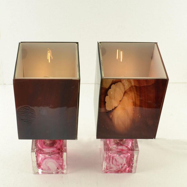Cubic Pink Glass Table Lamps from Poliarte, 1960, Set of 2 For Sale - Image 3 of 12