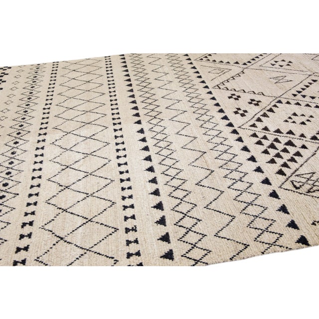 Textile Contemporary Moroccan Style Handmade Tribal Beige Wool Rug For Sale - Image 7 of 14