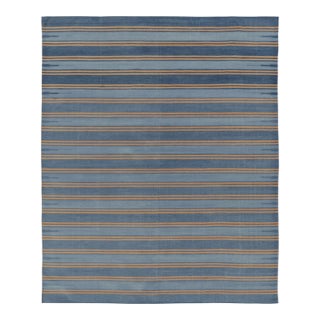 Rug & Kilim’s Indian Dhurrie Rug in Slate Blue and Ochre Stripes For Sale