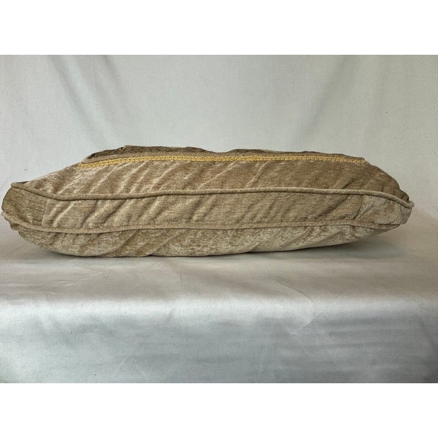 1980s Custom Taupe Colored Chenille Pillow in Olive Silk Insert With Blue Flowered Panel + Gold Cording For Sale In Chicago - Image 6 of 8