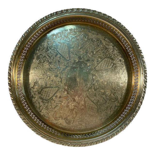 1970s Vintage Round Brass Etched Gallery Tray For Sale