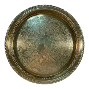 1970s Vintage Round Brass Etched Gallery Tray