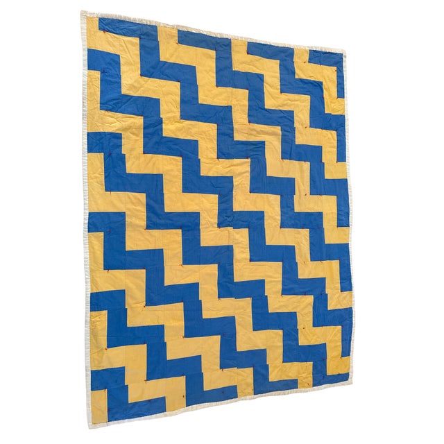 Vintage 1940s two-color cotton quilt in the Streak of Lightning pattern, made from golden maize yellow and cobalt blue...