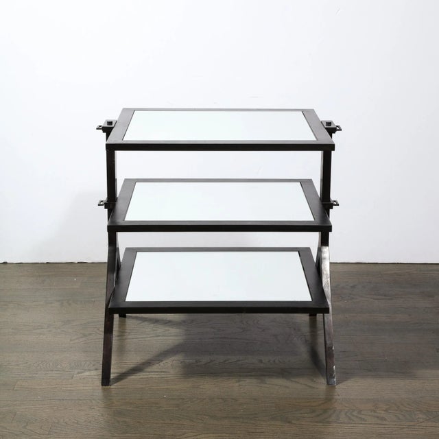 1990s Modernist Solid Bronze Three Tier Occasional Table With Mirrored Glass Shelves For Sale - Image 9 of 13