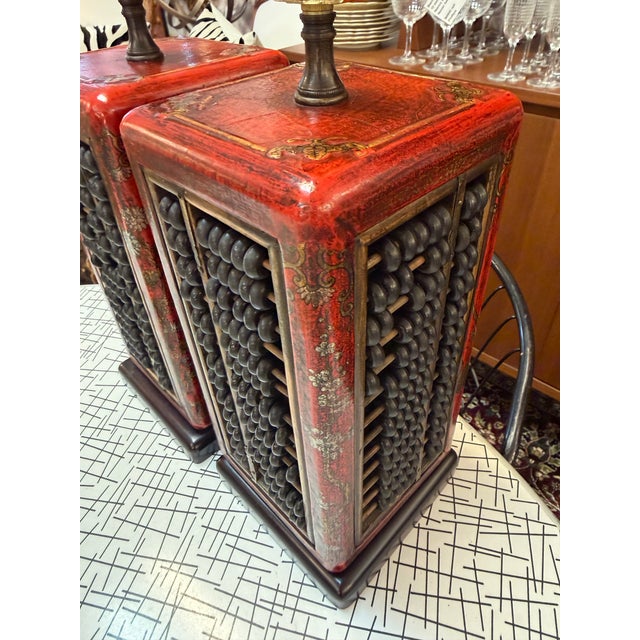 Chinoiserie Exceptional Vintage Gilt Wood Chinoiserie Hand Made Lacquered Suanpan/ Abacus Table Lamps a Pair For Sale - Image 3 of 8