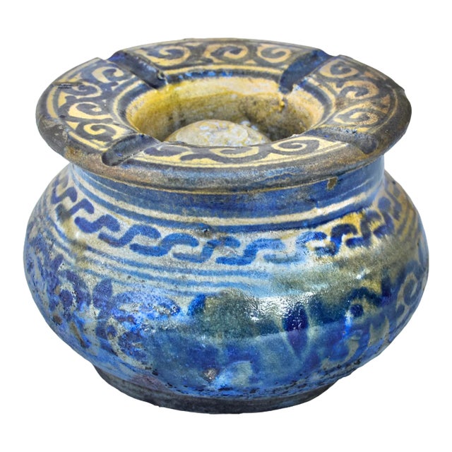 Antique Handmade Moroccan Ceramic Ashtray With Blues For Sale
