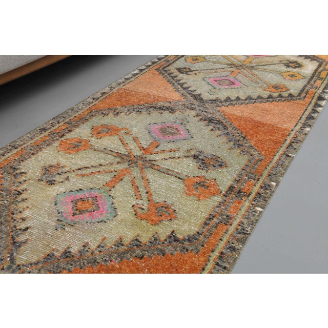 1970s Turkish Hand-Knotted Wool Cotton Orange Runner Rug For Sale - Image 11 of 12