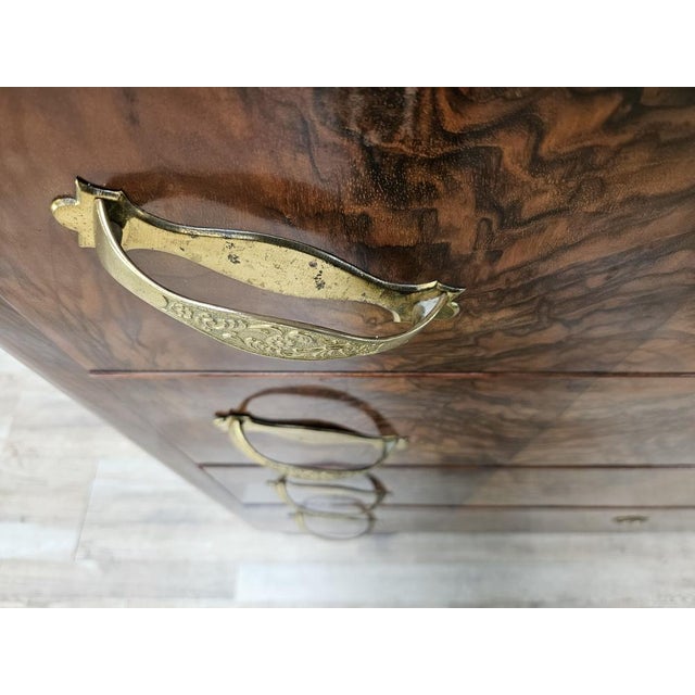 Art Deco Walnut Burl Chest of Drawers with Black Glass Top and Brass Handles, 1940 For Sale - Image 10 of 18