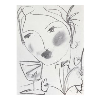 Flowers and Wine Drawing in Charcoal For Sale