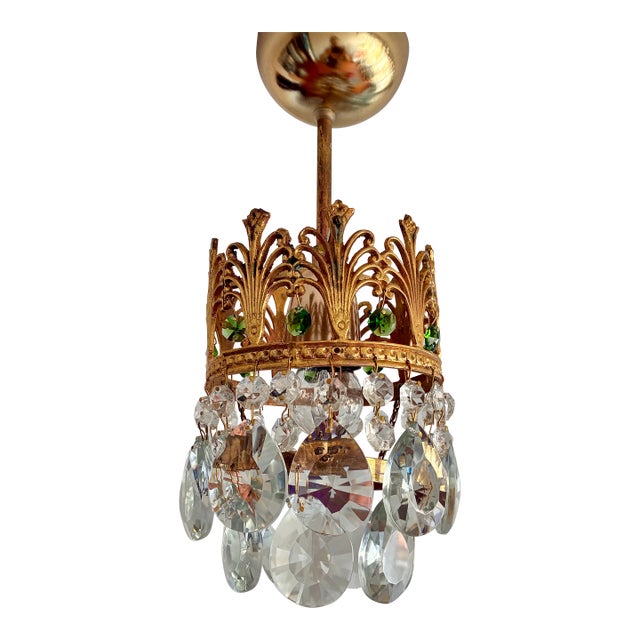 Vintage Small Brass & Emerald Green Crystal Crown Flush Mount – 1 Light For Sale