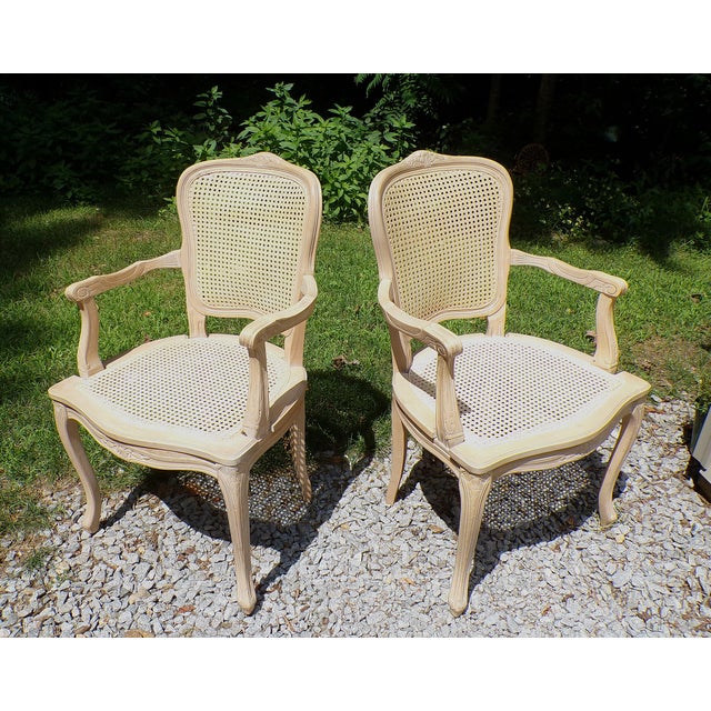 Wood Vintage Pair Harris Marcus Italian Double Cane Arm Chairs Carved Accent Chairs For Sale - Image 7 of 18