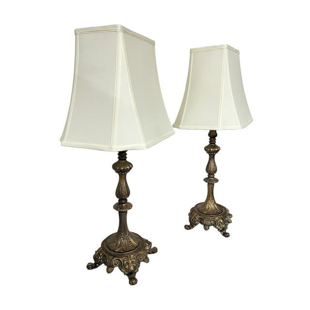 Mid Century Gilt Metal Footed Baroque Style Lamps and Shades - A Pair For Sale - Image 4 of 10