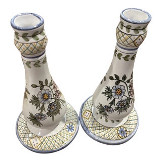 Vintage Floral Hand Painted Made in Portugal Candlestick Holders-Setf of 2 For Sale