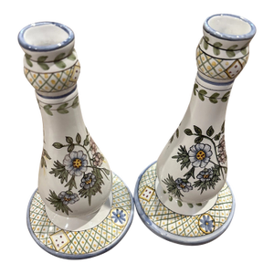 Vintage Floral Hand Painted Made in Portugal Candlestick Holders-Setf of 2