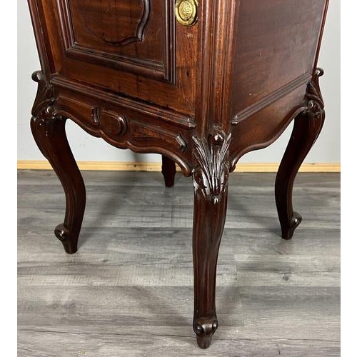 Brown Antique French Carved Walnut Bedside Table with Marble Top For Sale - Image 8 of 16