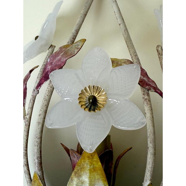 Italian Hollywood Regency Murano Glass Flower Wall Sconces, 1970s, Set of 2 For Sale - Image 4 of 17
