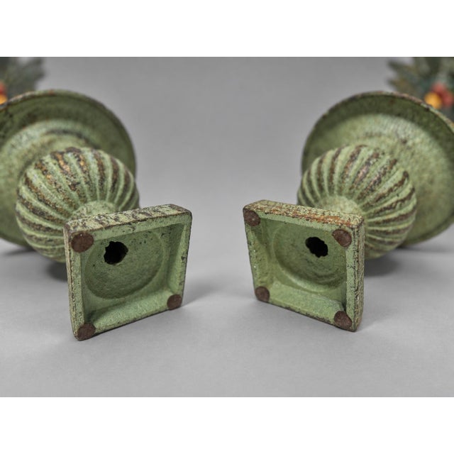 Metal Pair of Mid-Century Painted Iron & Tole Palm Tree Candlesticks For Sale - Image 7 of 10