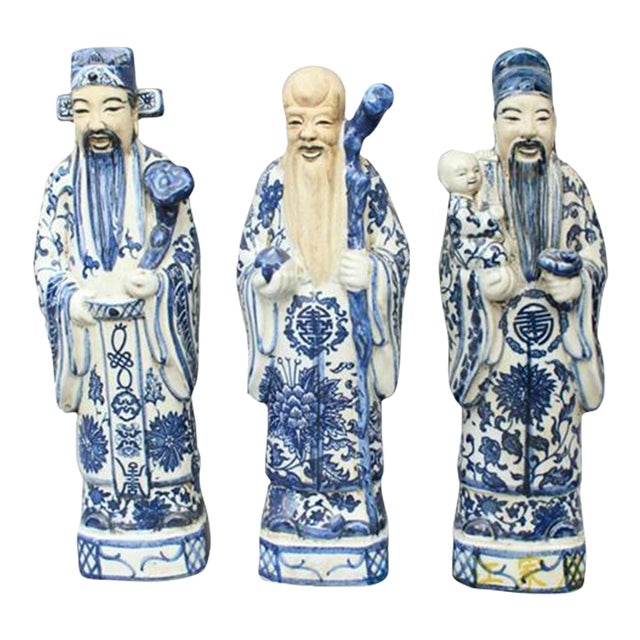1990s 13" Set of 3 Traditional Blue/White Chinese Figurines For Sale
