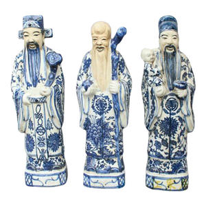 1990s 13" Set of 3 Traditional Blue/White Chinese Figurines