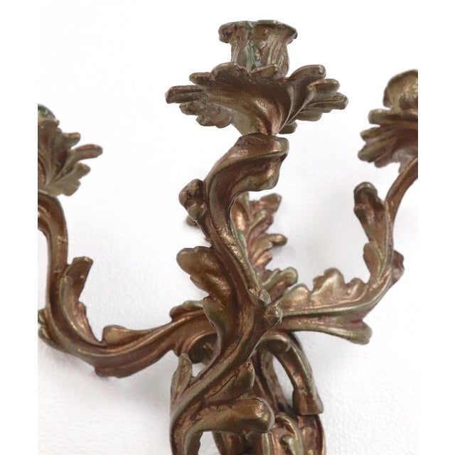 Pair of Antique Louis XV Foliate Bronze Candle Wall Sconces For Sale - Image 4 of 10