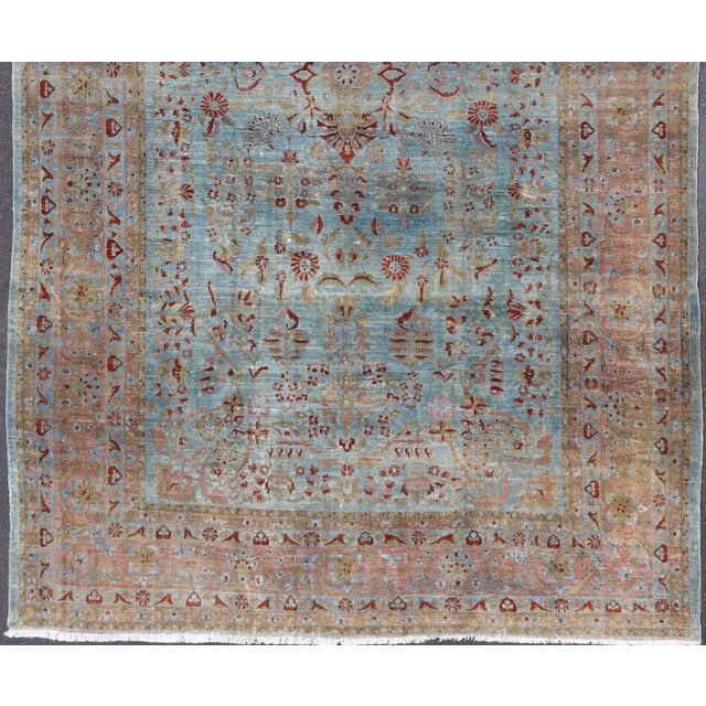 Blue Background Antique Persian Mohajerah Rug With Salmon, Blue, Green, and Red For Sale - Image 4 of 15
