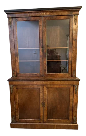 Antique Victorian Burr Walnut Inlaid Bookcase Cabinet, 1860