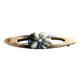 Art Deco Tan and Brown Celluloid Seed Pearl Flower Brooch Bar Pin For Sale