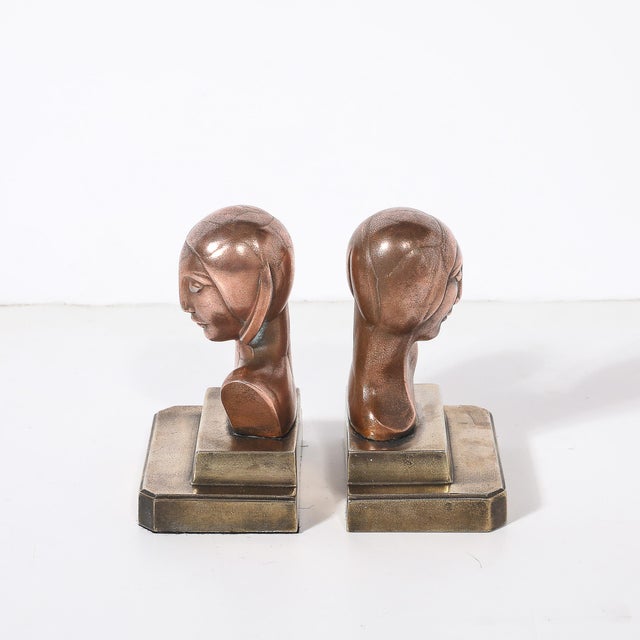 Frankart Art Deco Machine Age Flapper Bookends in Copper & Antique Brass Signed Frankarts For Sale - Image 4 of 10