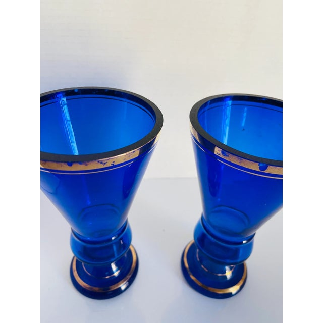 Biedermeier Pair Antique Moser Cobalt Glass Vases Bohemian Biedermeier Cobalt Glass Vases- Beaker Rs For Sale - Image 3 of 4