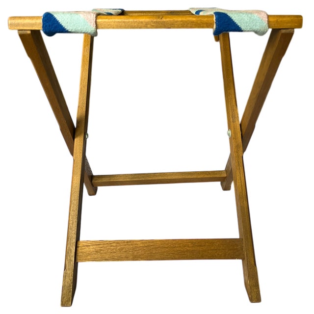 1980s 1980s Vintage Striped Needle Point Wooden Luggage Rack For Sale - Image 5 of 8