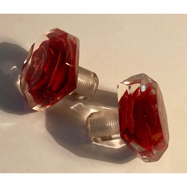 1960s Rose Imbedded Lucite Knobs - A Pair Nos For Sale - Image 4 of 5